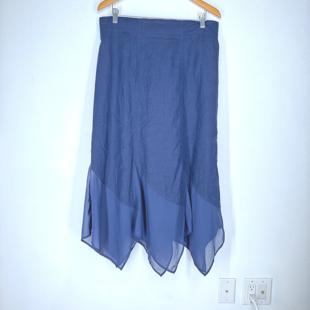 Chicos Navy Linen Handkerchief Sheer Hem Midi Skirt‎ Large Coastal Minimalist